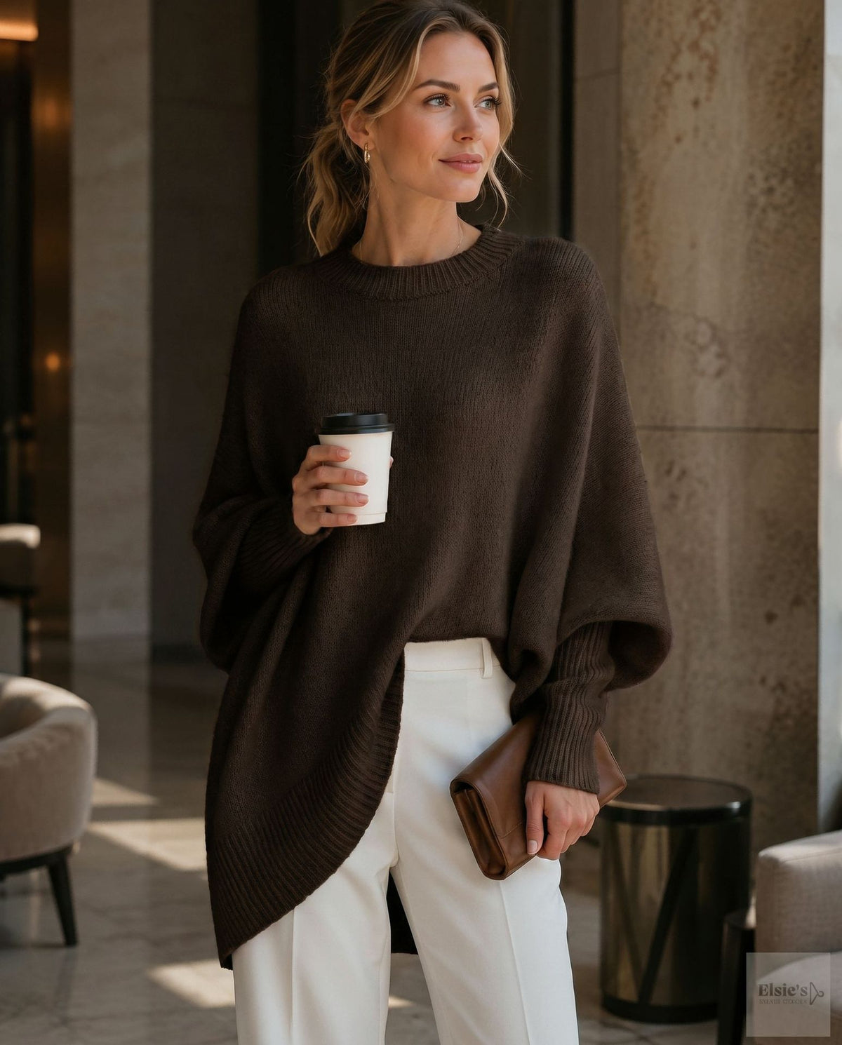 Womens Loose-fitting, Laid-back Style Crew-neck Knit Sweater