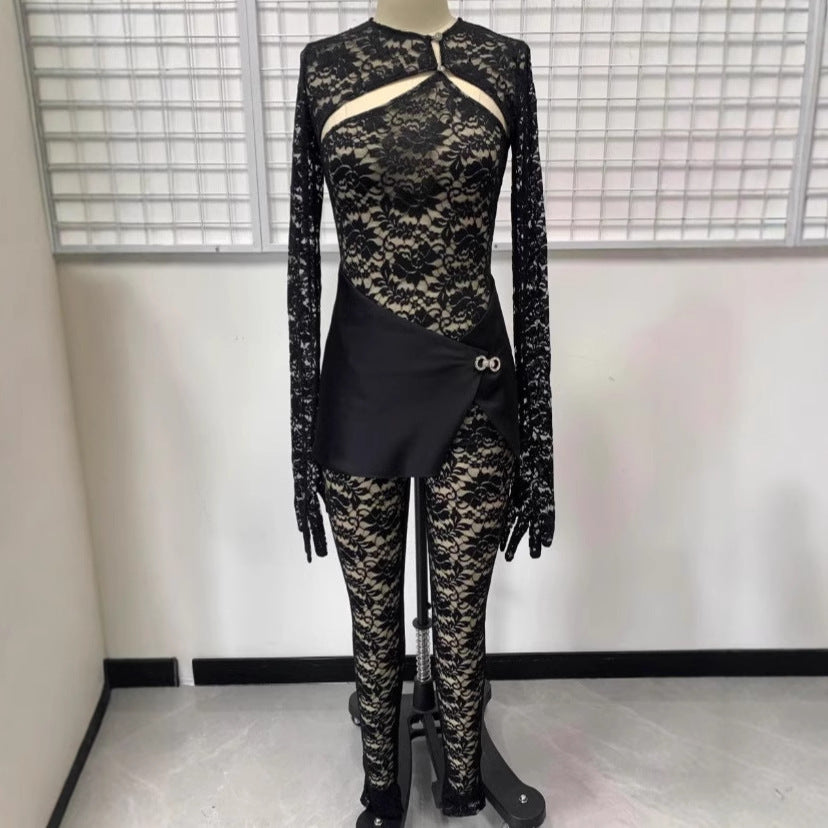 Seductive Lace Cutout See-Through Long Sleeve Bodysuit