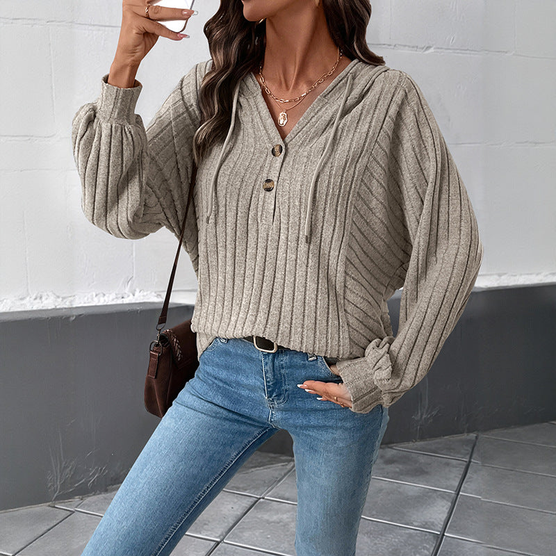Womens Solid-color Ribbed Loose-fit Hoodie