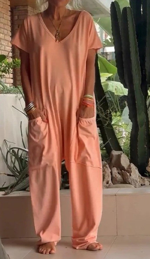 Oversized V-Neck Pocket Jumpsuit Casual Romper