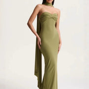 Halter-neck Pleated Knit Wrap Dress Featuring a Twist Detail and a Figure-hugging Fit That Exudes