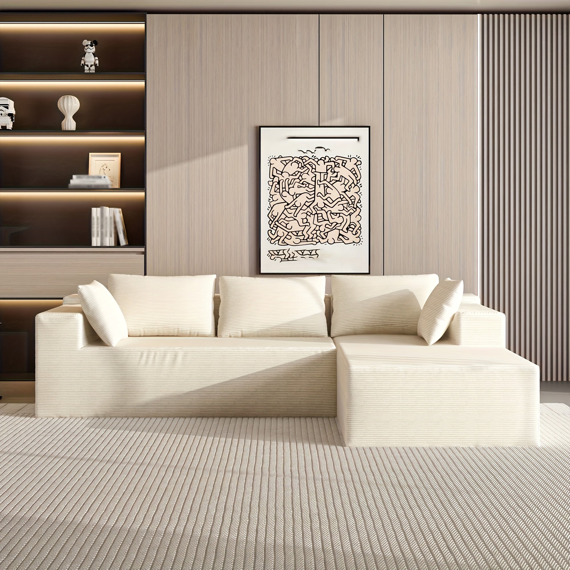 Modular L-shaped chaise longue sofa bed with deep seat and corduroy upholstery