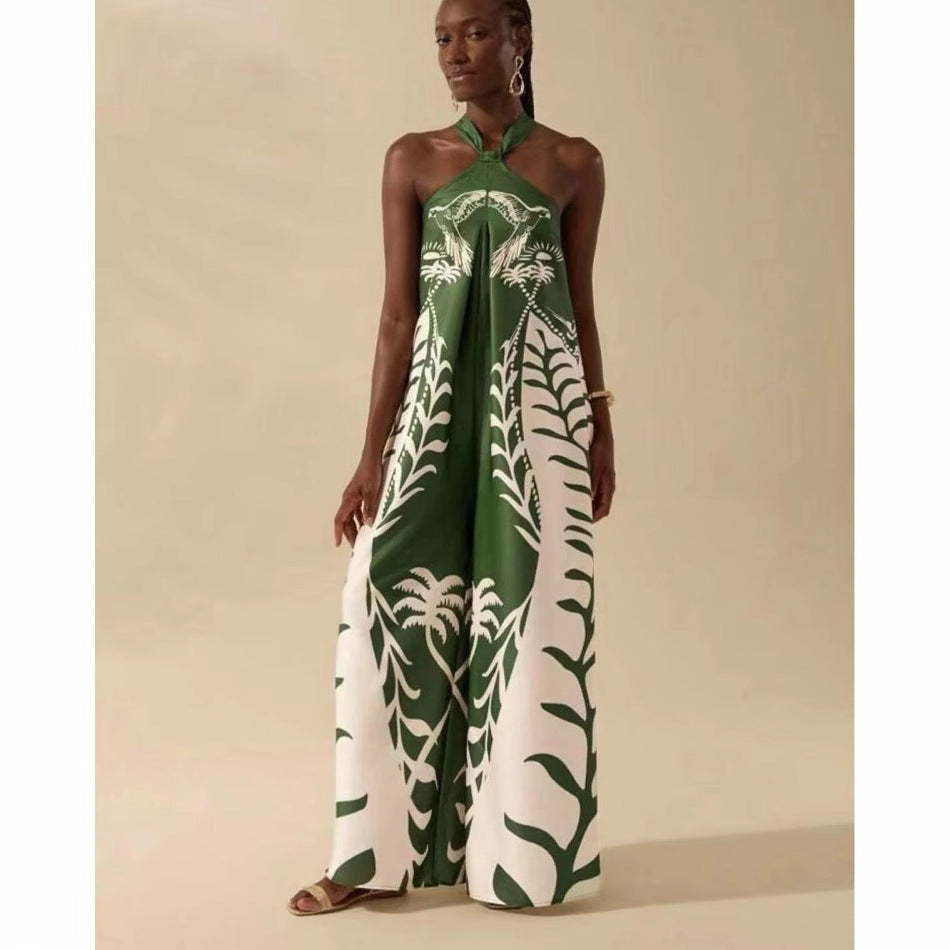 Women's Printed Halter Sleeveless Wide-Leg Romper