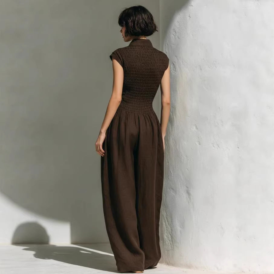 Elegant Pleated Waist-Cinching Solid Women's Jumpsuit