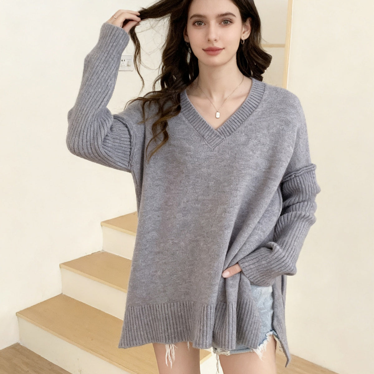 Knitwear Women's V-neck Plus Size Fashion Pullover Sweater