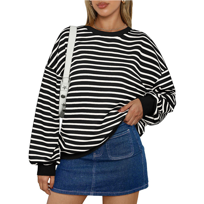 Women's Colorful Striped Loose Round Neck Sweatshirt