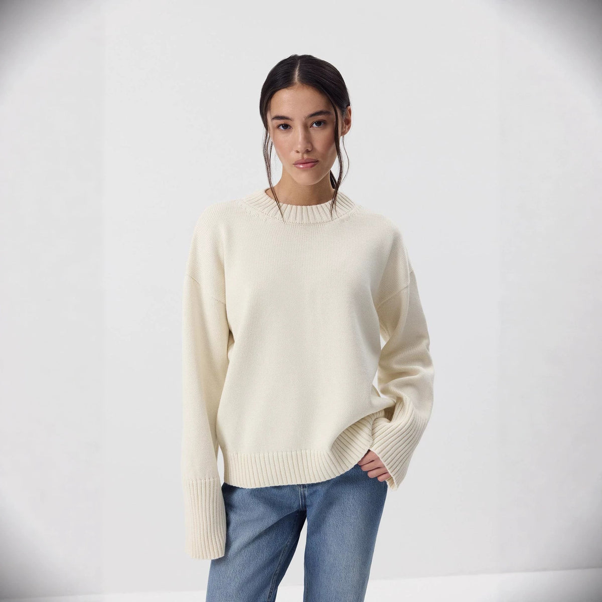 Loose-fit Crew-neck Pure Cotton Knit Lazy-style Sweater for Women