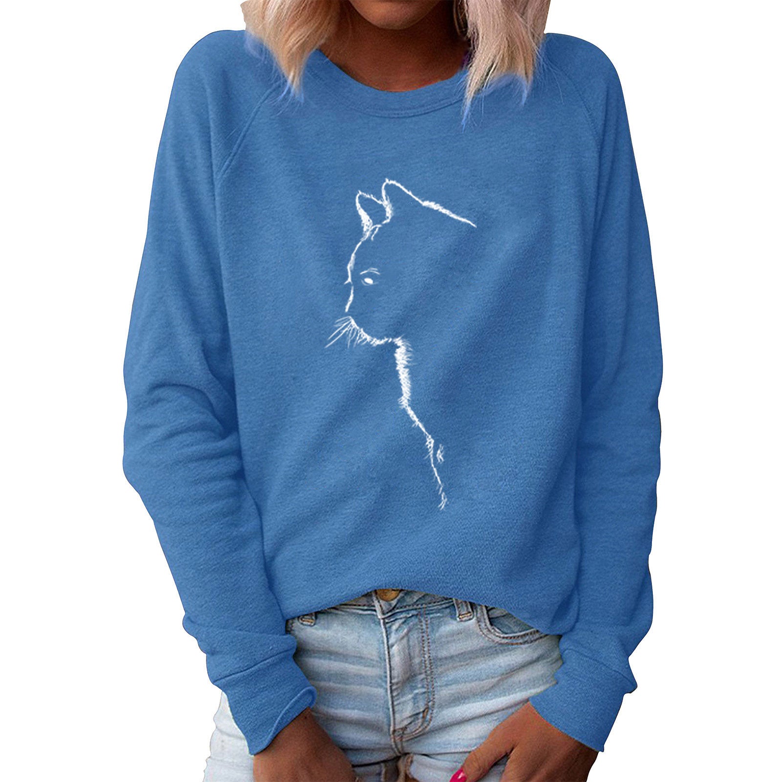 Cute Cat Print Long Sleeve Pullover Sweater