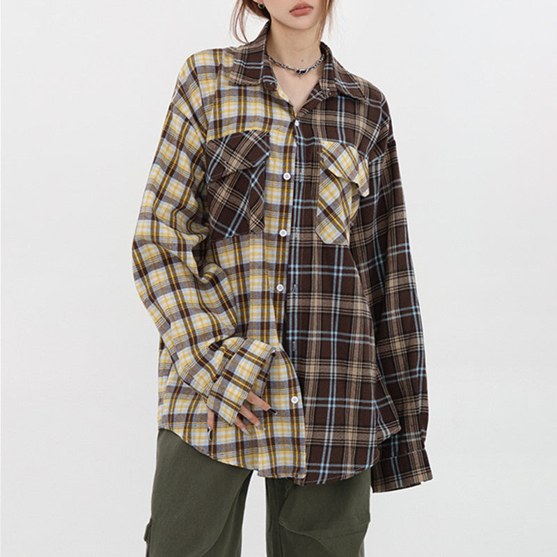 Womens Retro Patchwork Sun-Protective Designer All-Match Plaid Shirt