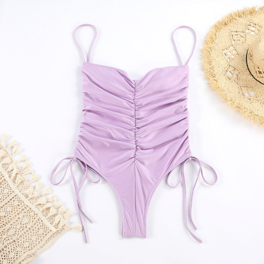 Women's Solid Color Pleated Drawstring One-piece Swimsuit