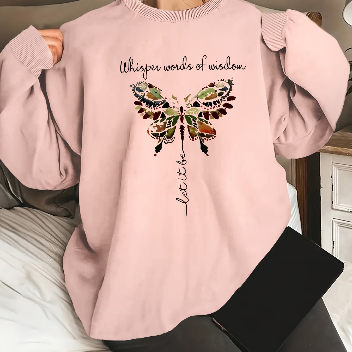 Women's Oversized Butterfly Graphic Long Sleeve Sweatshirt, Round Neck, Casual, Machine Washable
