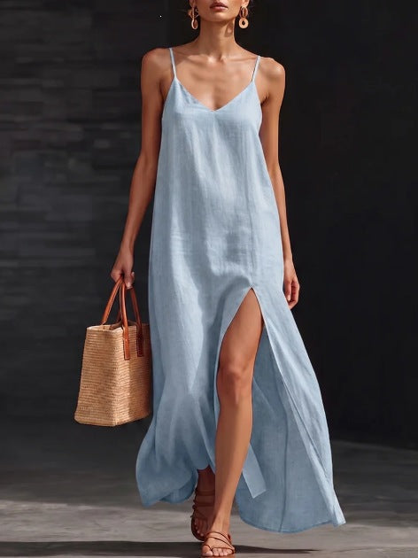 Seaside Summer Casual Sexy Solid Color V-neck Spaghetti Strap Dress…