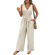 Women's Casual V-Neck Striped Sleeveless Jumpsuit