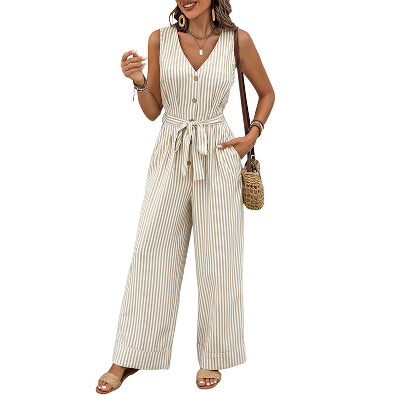 Women's Casual V-Neck Striped Sleeveless Jumpsuit