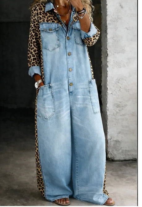 Chic Printed Long-Sleeve Lapel Jumpsuit