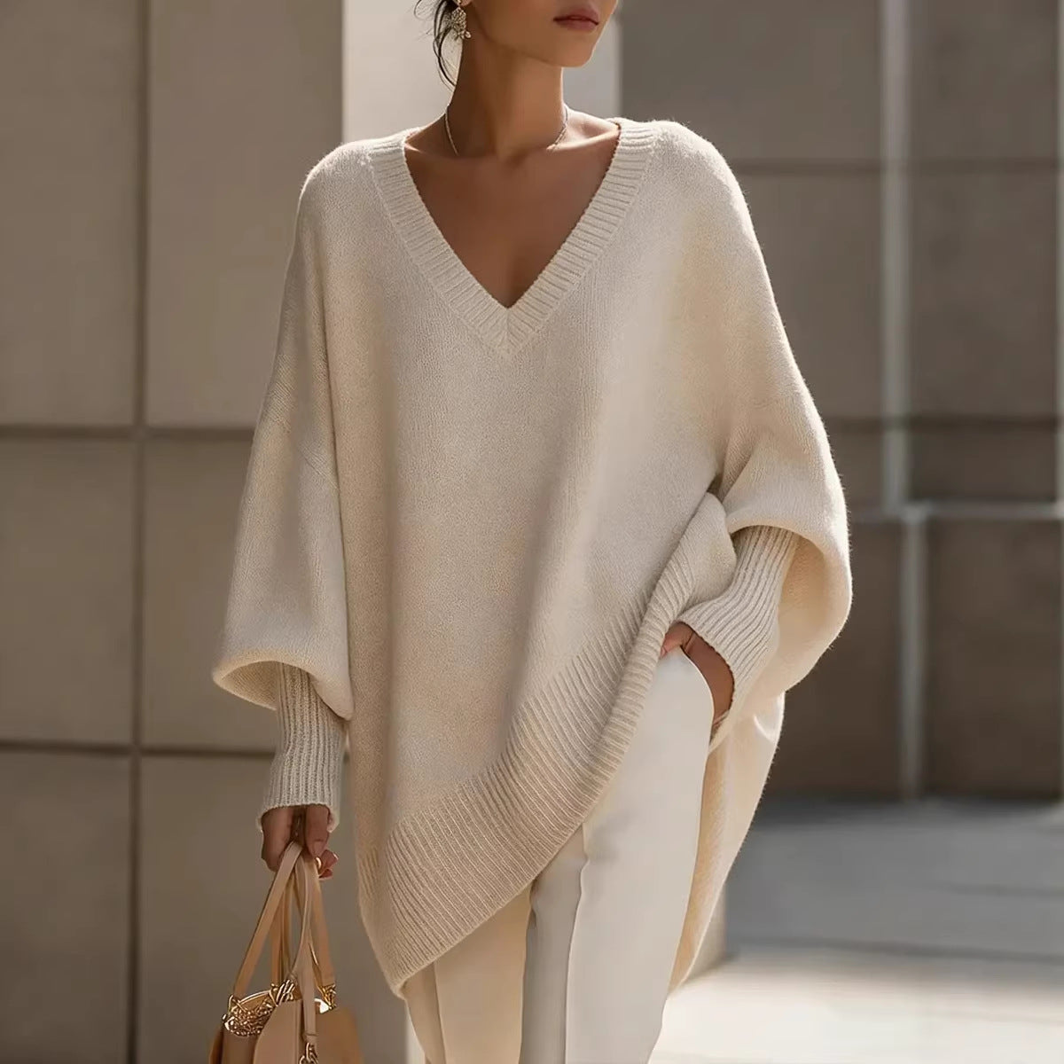 Solid-color Long-sleeve V-neck Laid-back Style Womens Sweater Top