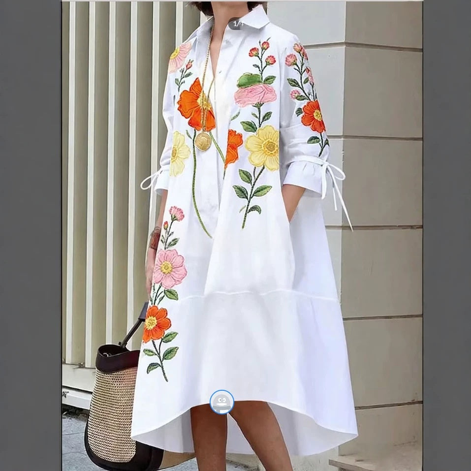 Womens Printed Casual Loose-fit Shirt Dress