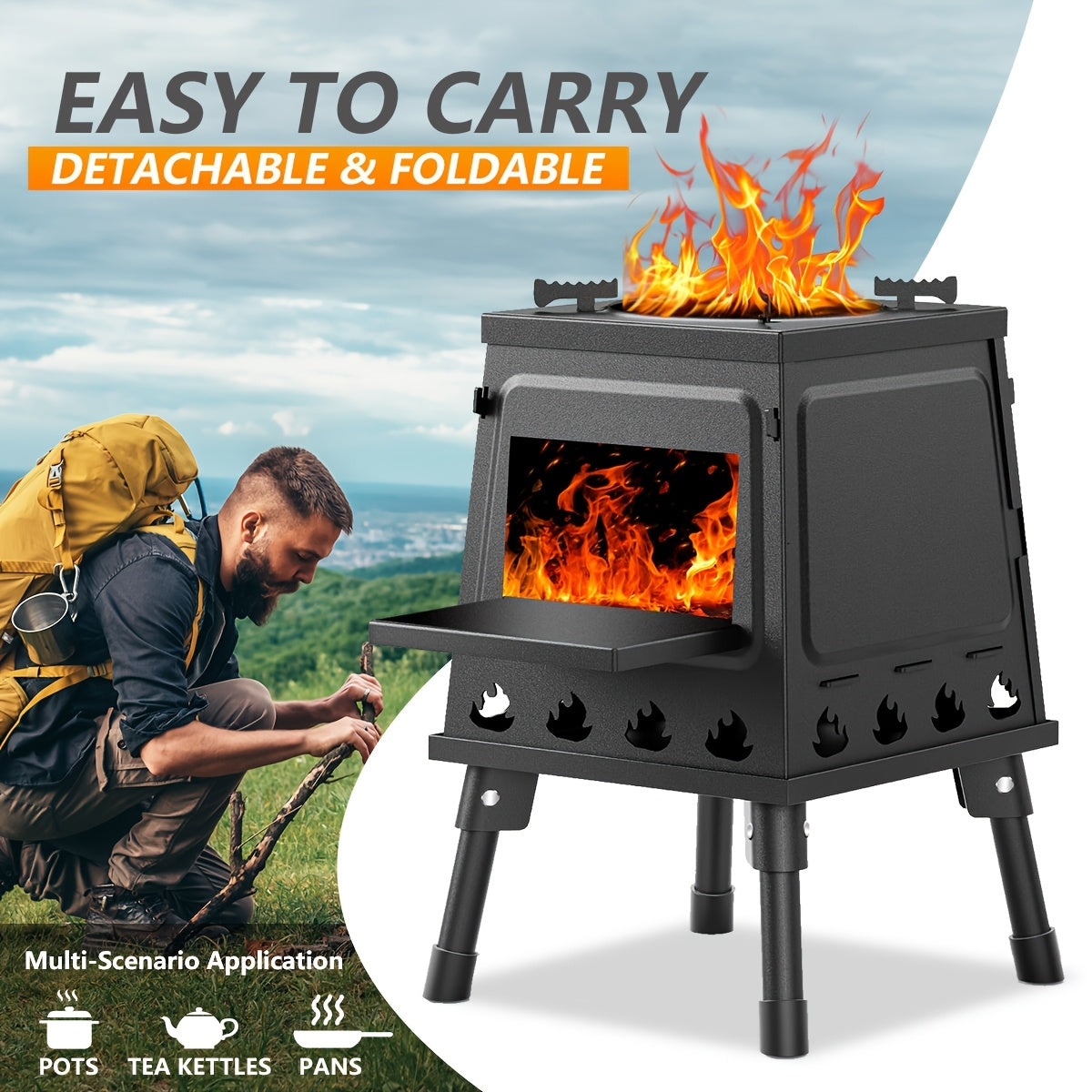 Wood Burning Camp Stove Portable Cast Iron Wood Stove For Outdoor Hiking Picnic BBQ Travel Black