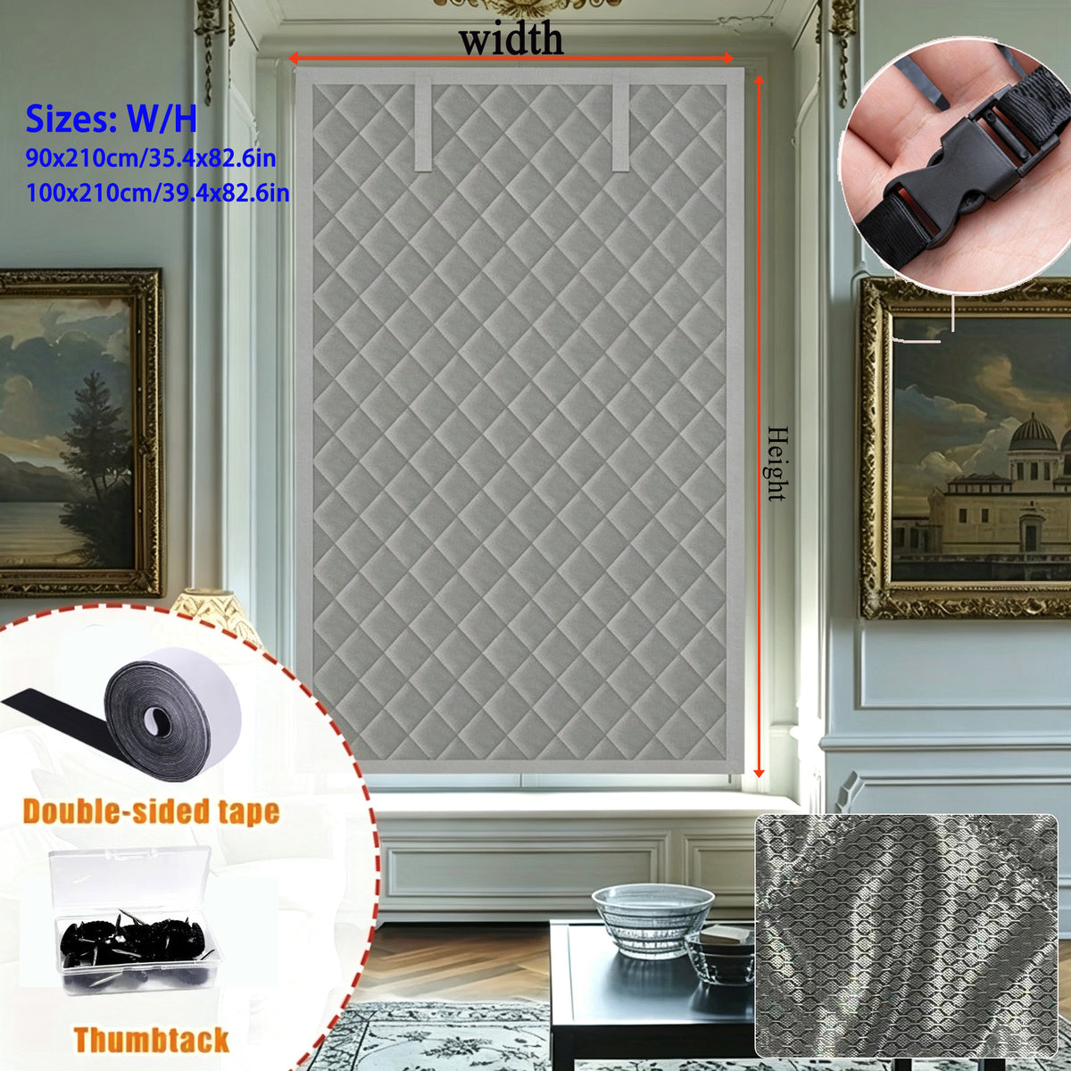 Magnetic Thermal Insulated Door Curtain, Thick Diamond Quilted Oxford Cloth Windproof Door Drape with Roll Up Storage Buckle, Cold Block Energy Saving Door Cover for Home Courtyard Balcony Winter Heat