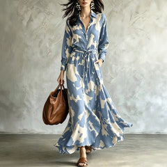 Chic Cow Print Long Sleeve Maxi Dress with Cinch Waist