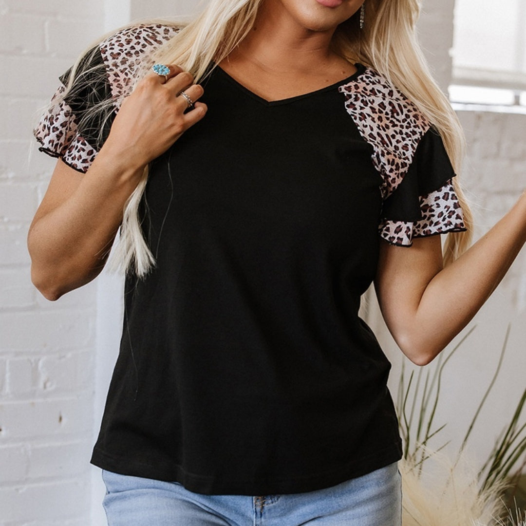 Leopard Print Layered Short-Sleeve Pullover – Summer Trendy Women's Top