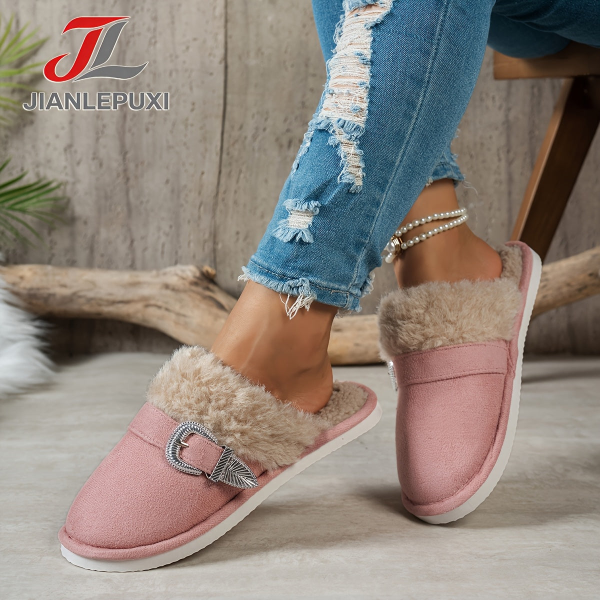Unisex Plush-Lined Buckle House Slippers – Silent and Comfortable