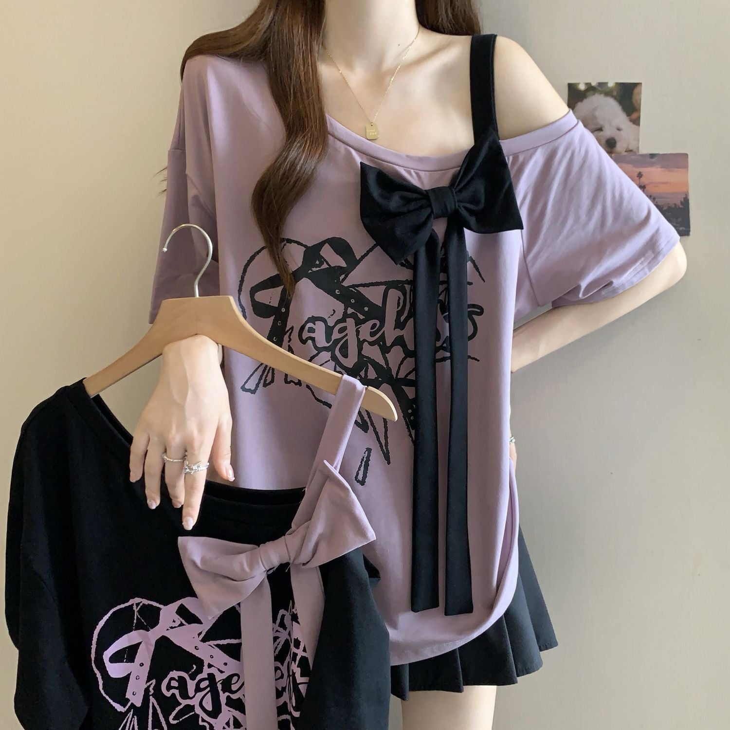 Oversized Off‑Shoulder Bow Tee – Loose Fit, Summer Ready