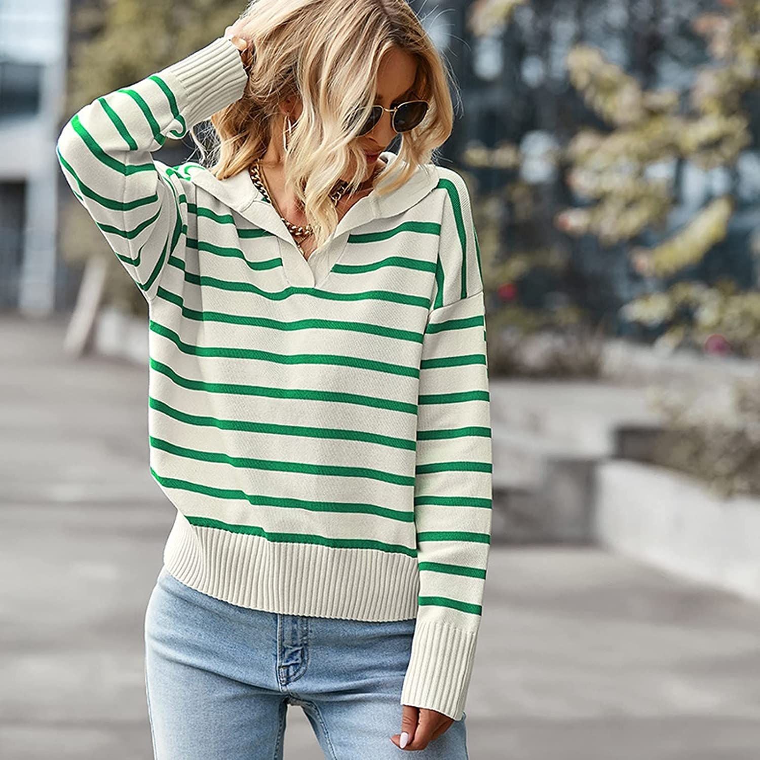 Women's Striped V-Neck Lapel Long Sleeve Casual Sweater