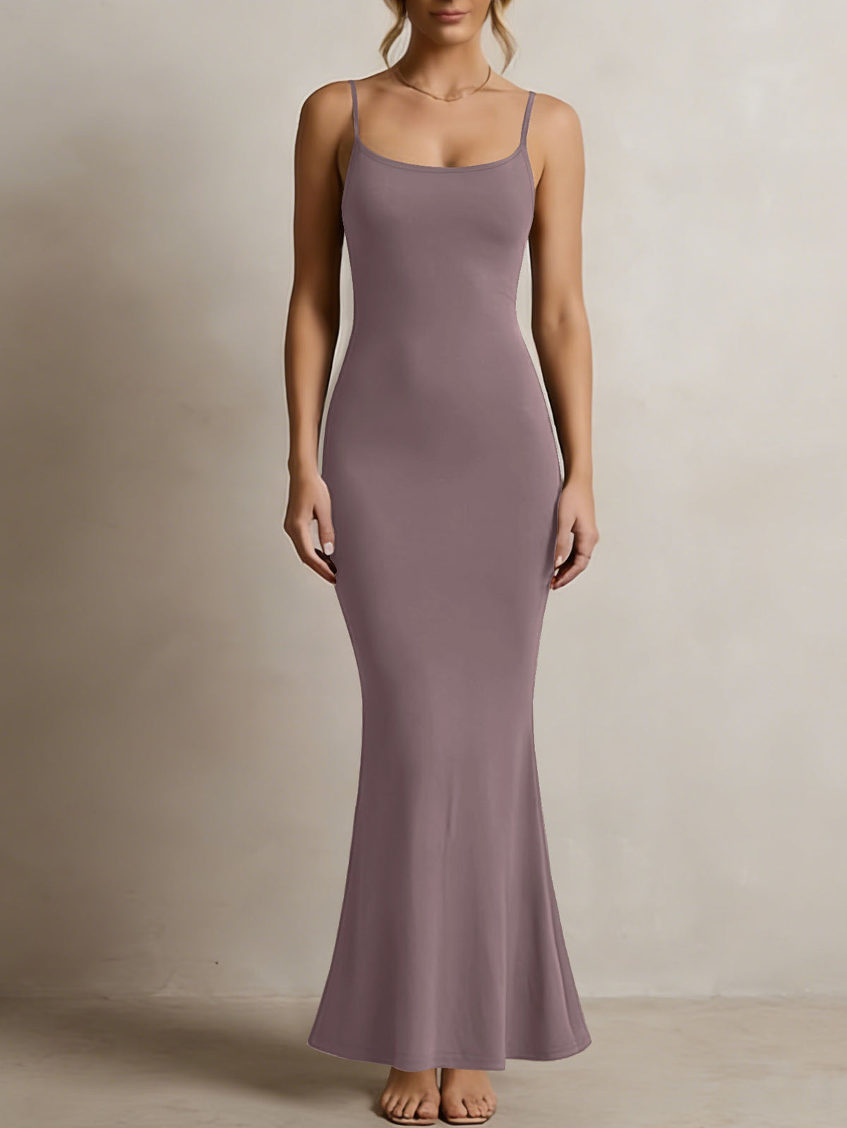 Women's Solid Color Spaghetti Strap Square Neck Bodycon Maxi Dress, Elegant Sleeveless Mermaid Evening Dress Summer Dress for Women