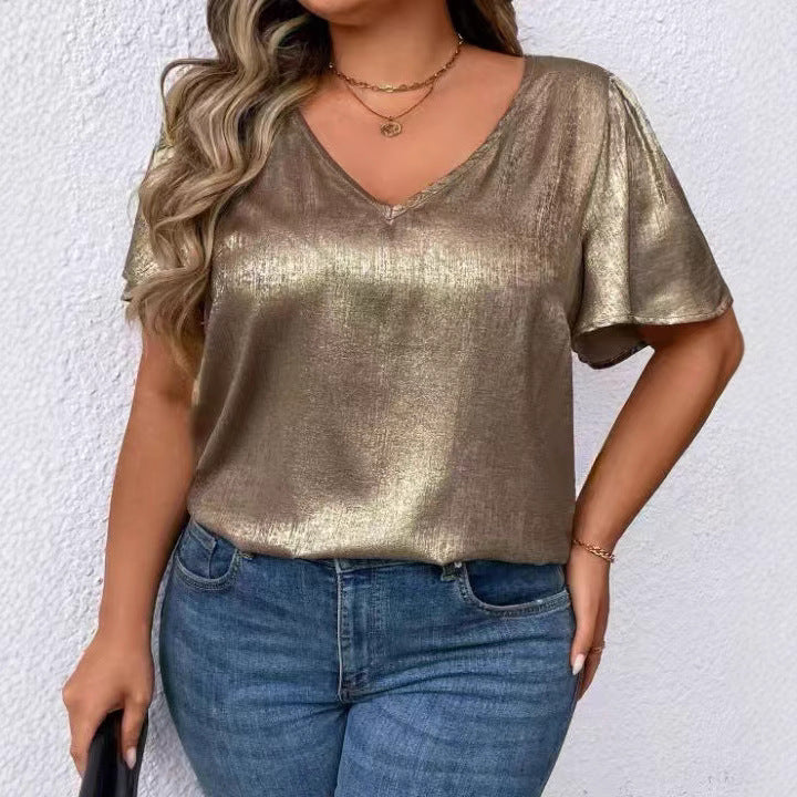 Loose-Fit V-Neck Velvet Short Sleeve Top – Casual Pullover
