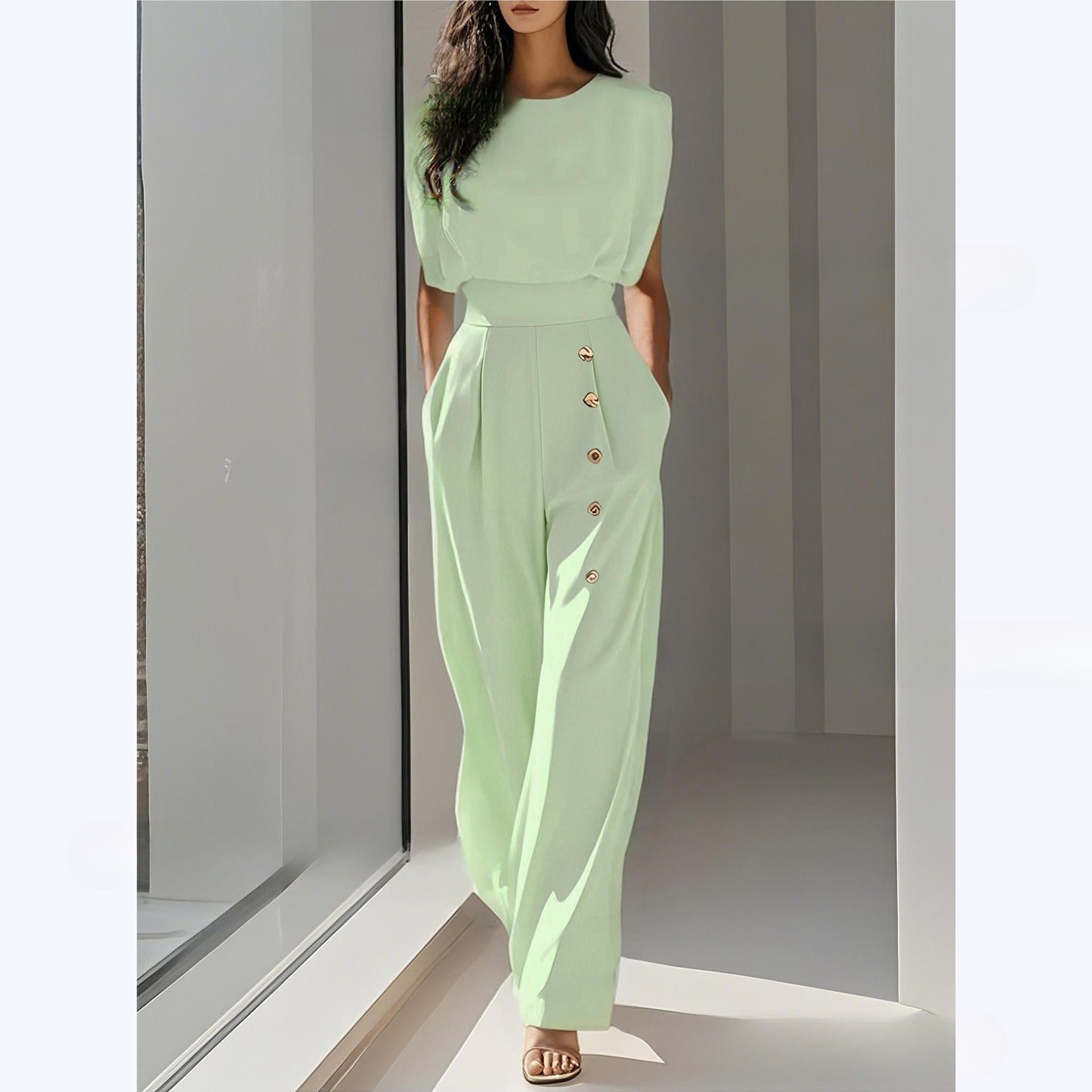 Elegant High-Waisted Button-Detail Straight-Leg Pants