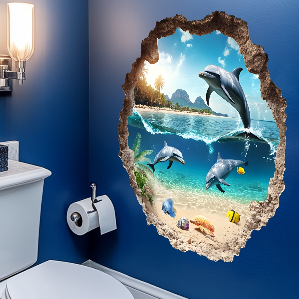 3D Dolphin Wall Sticker with Broken Wall Effect – Bathroom Sea View Décor