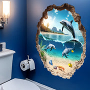 3D Dolphin Wall Sticker with Broken Wall Effect – Bathroom Sea View Décor