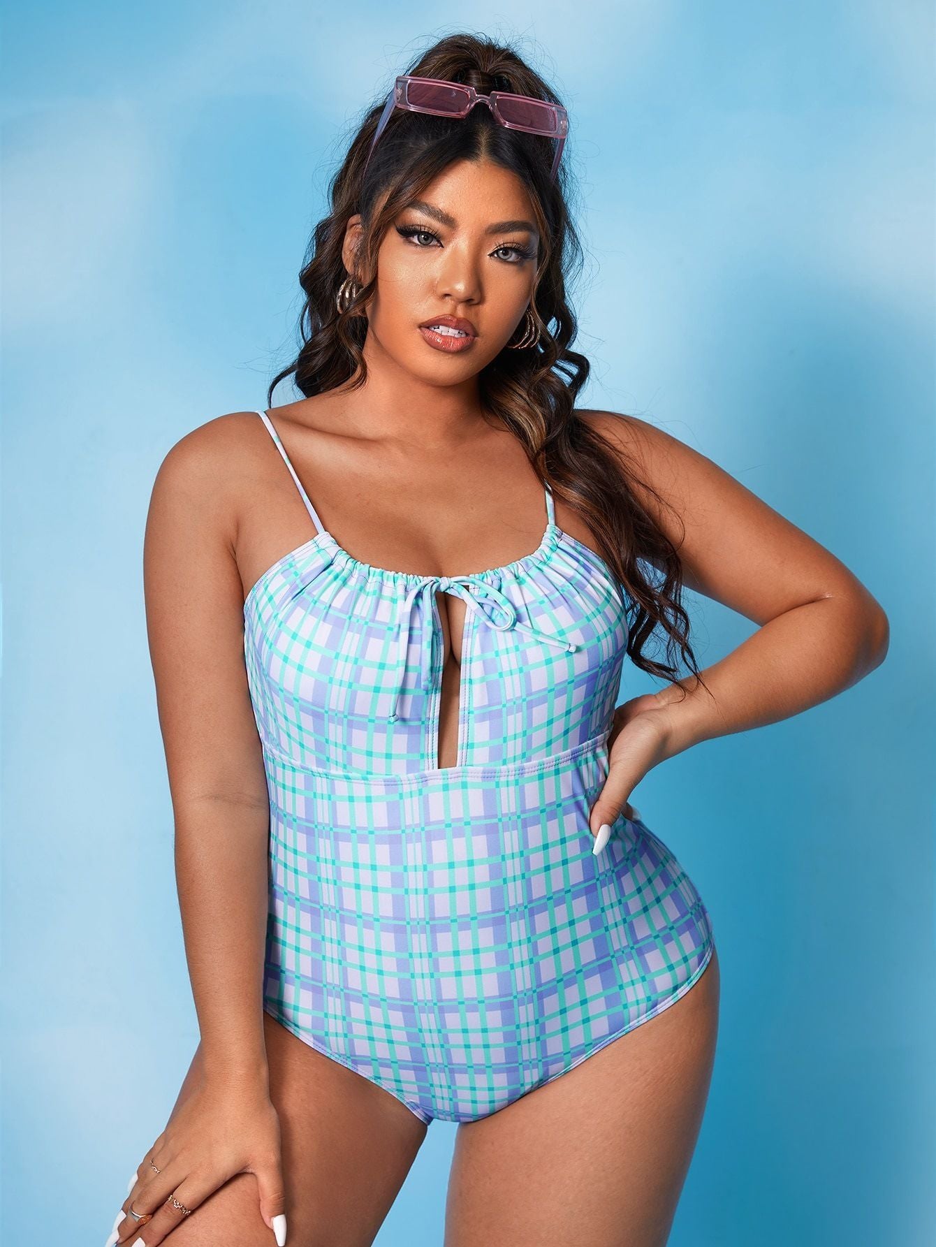 Large Size Printed Plaid Swimsuit For Women