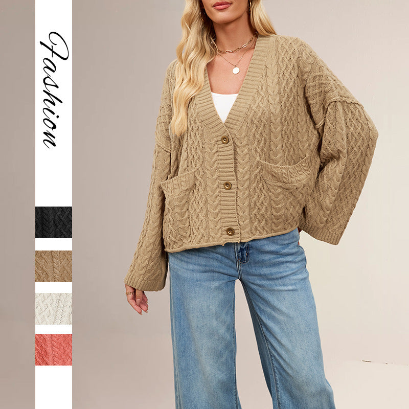 Women's Cable Loose-fitting Solid Color Knitted Cardigan