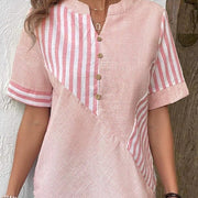 Plus‑Size Patchwork Stripe Top – Flattering Asymmetrical Short Sleeve