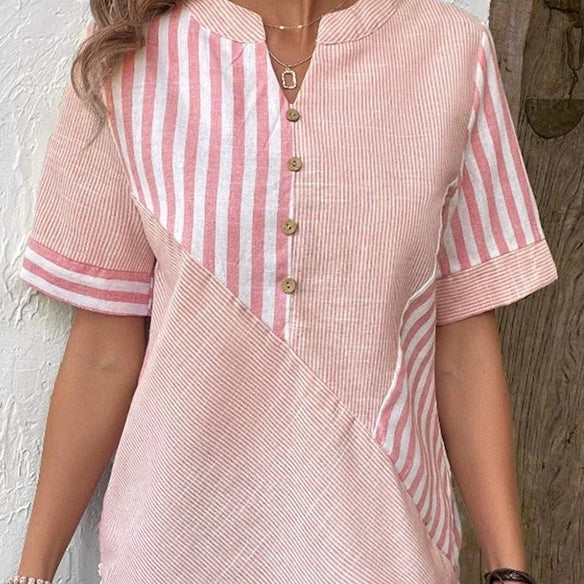 Plus‑Size Patchwork Stripe Top – Flattering Asymmetrical Short Sleeve