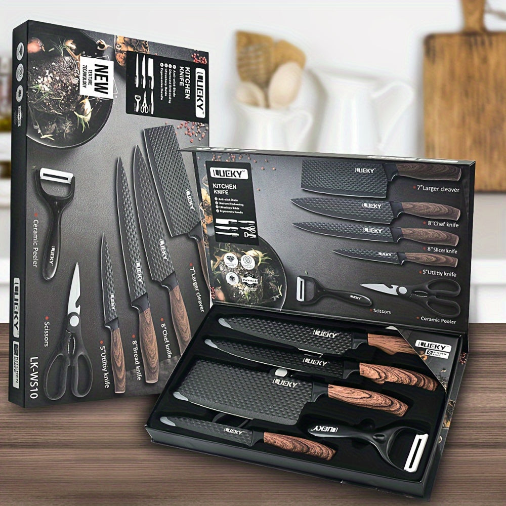 Professional 1/6 Kitchen Knife Set, Chef's Knife, Slicing Knife, Scraper And Scissors, Stainless Steel Super Sharp, with Anti-stick Ergonomic Wooden Handle, Chef's Knife Set, Suitable for Family...
