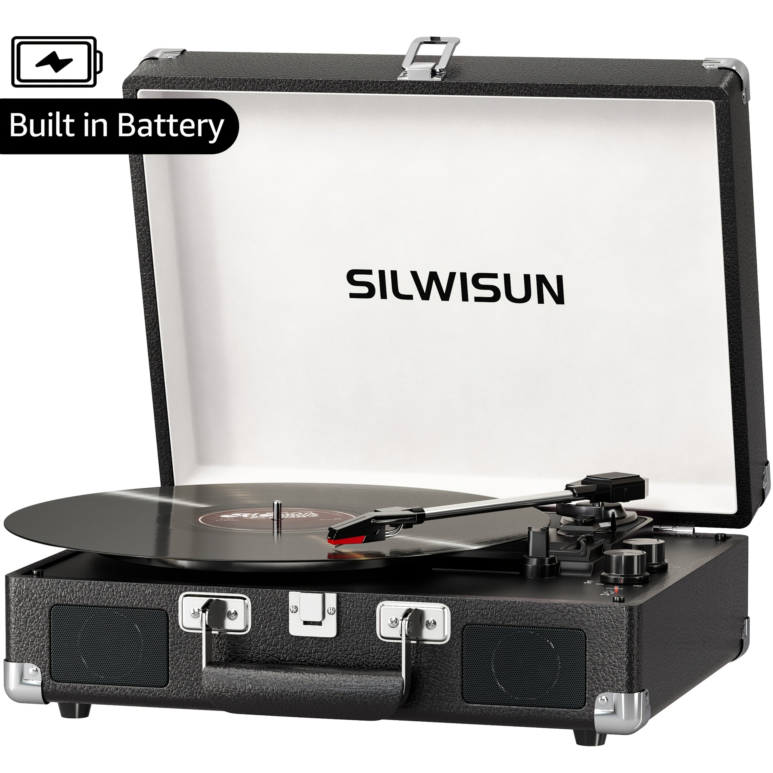 Portable Vinyl Record Player with Built‑In Speakers, Battery Powered, 3‑Speed Turntable, Wireless, Suitcase Design, 3.5 mm Headphone Jack, Aux In & RCA Out – Pink, Green, Brown, Black