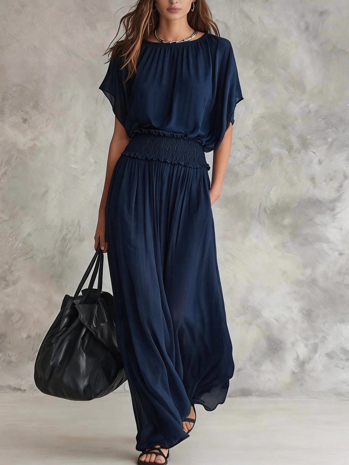 Elegant Draped Waist Flowing Summer Long Dress