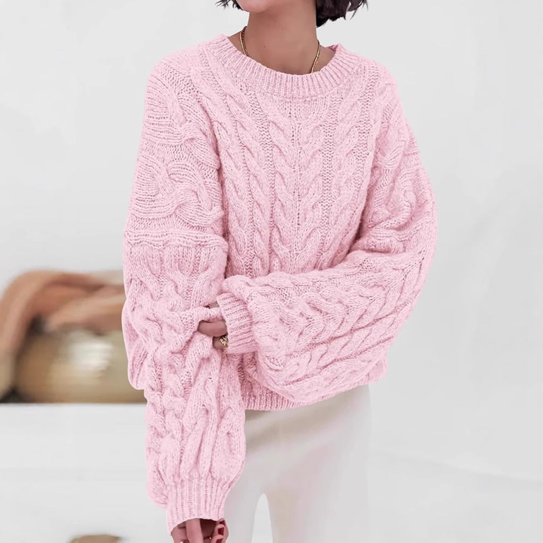 Thick Needle Hemp Flower Loose Pullover Round Neck Long Sleeve Sweater