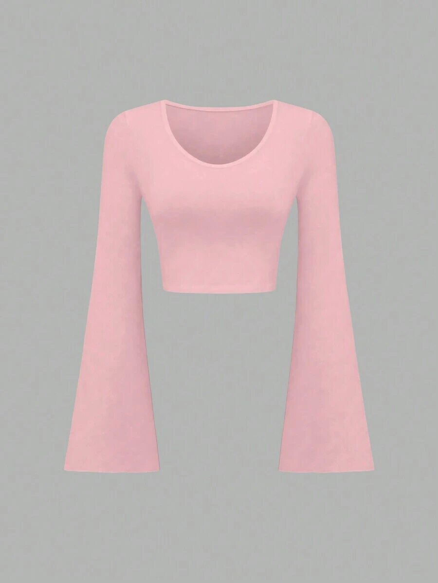 Slim-Fit Scoop Neck Bell Sleeve Crop Top