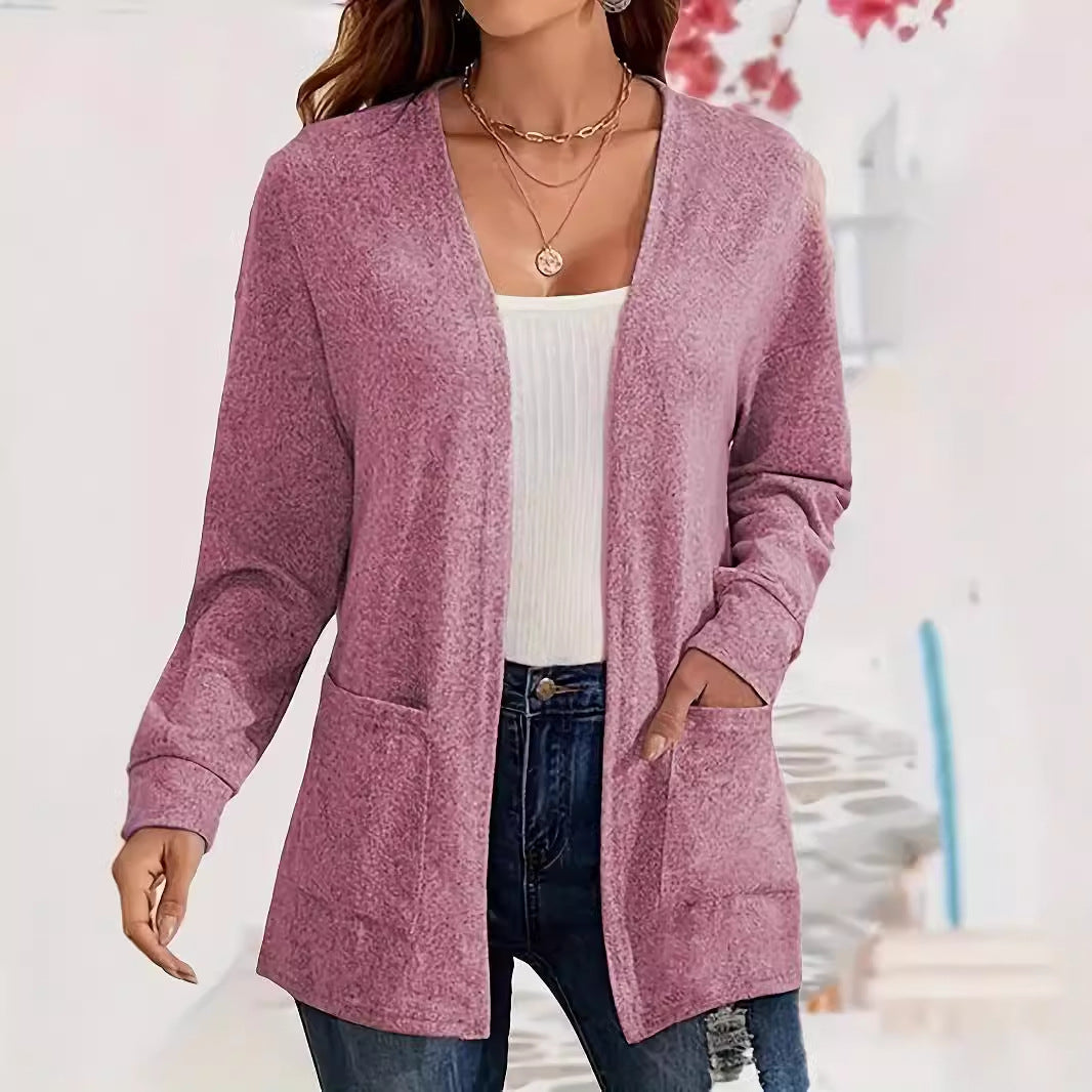 Womens Versatile Solid-color Pocketed Loose-fitting Lightweight Cardigan
