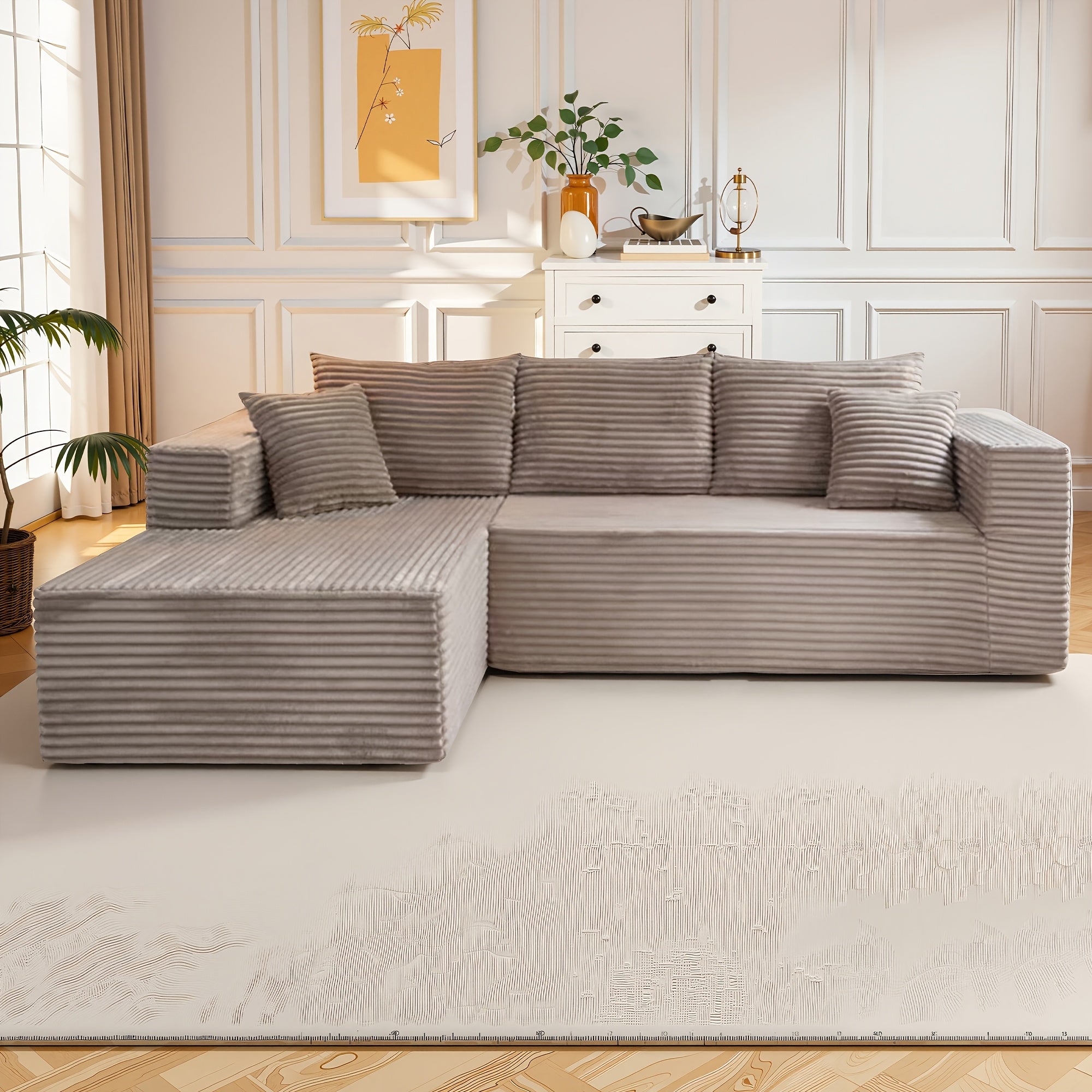 Modular L-shaped chaise longue sofa bed with deep seat and corduroy upholstery