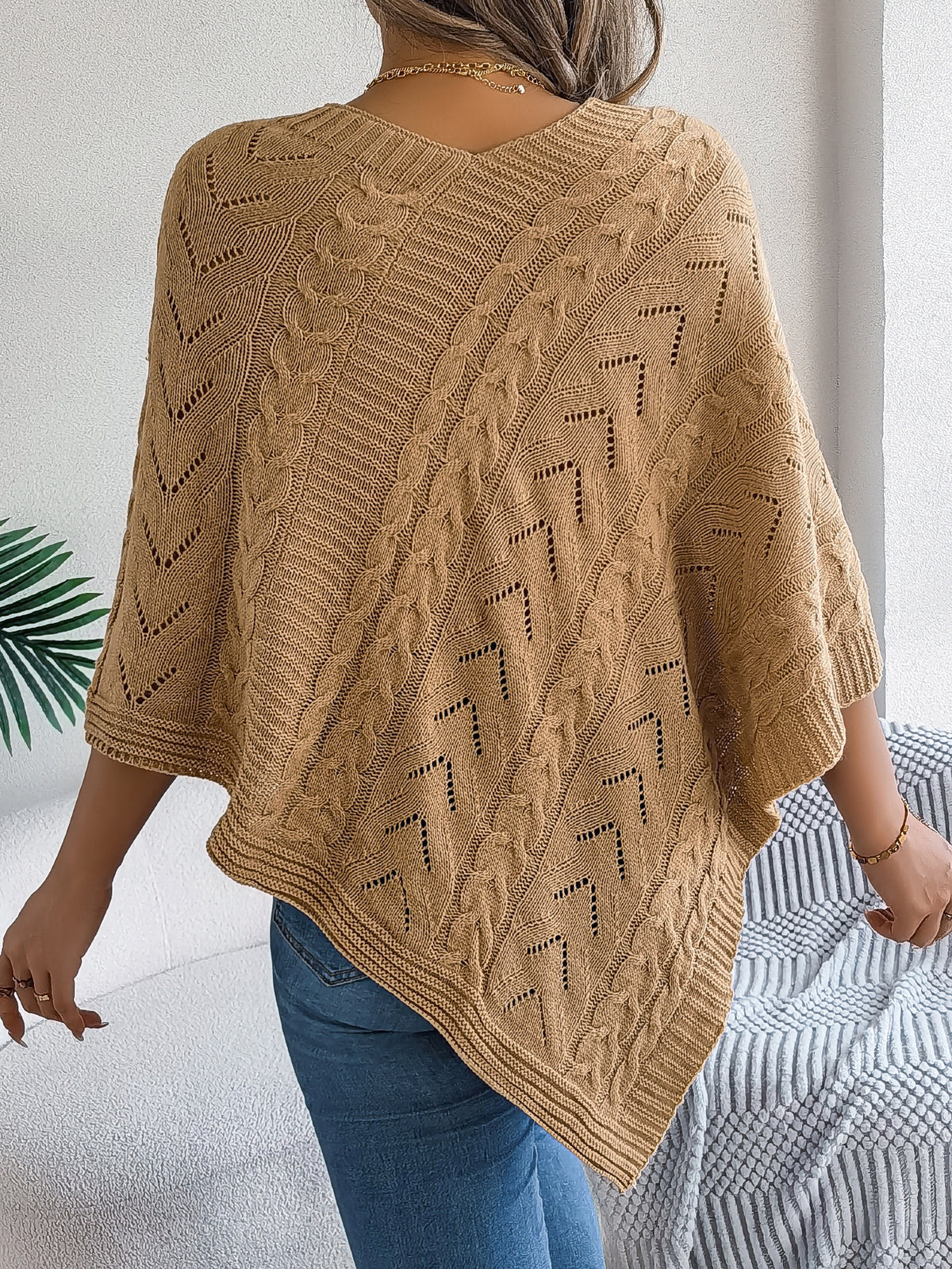Casual Solid Color Cable Knit Loose Poncho Sweater Coat