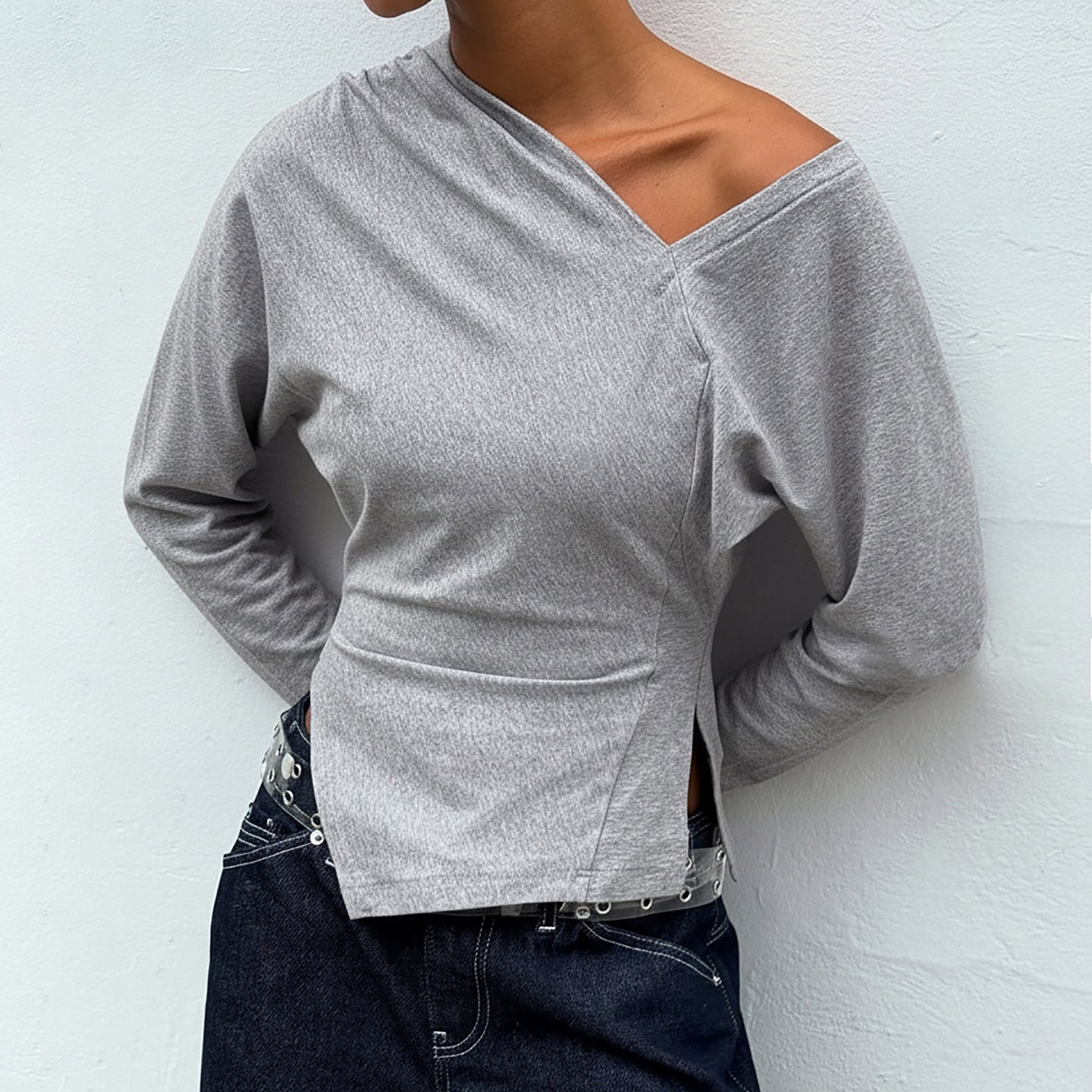 Comfortable Slim-fit Asymmetric Off-shoulder Solid-color Versatile Womens Blouse