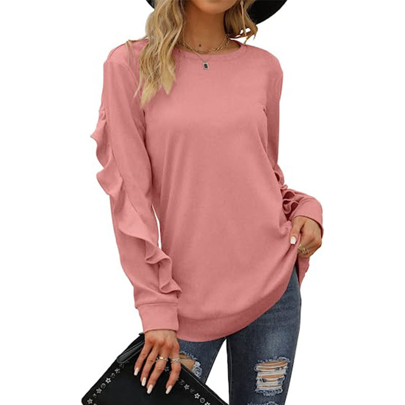 Chic Pleated Long Sleeve Round Neck Casual Women's Sweater