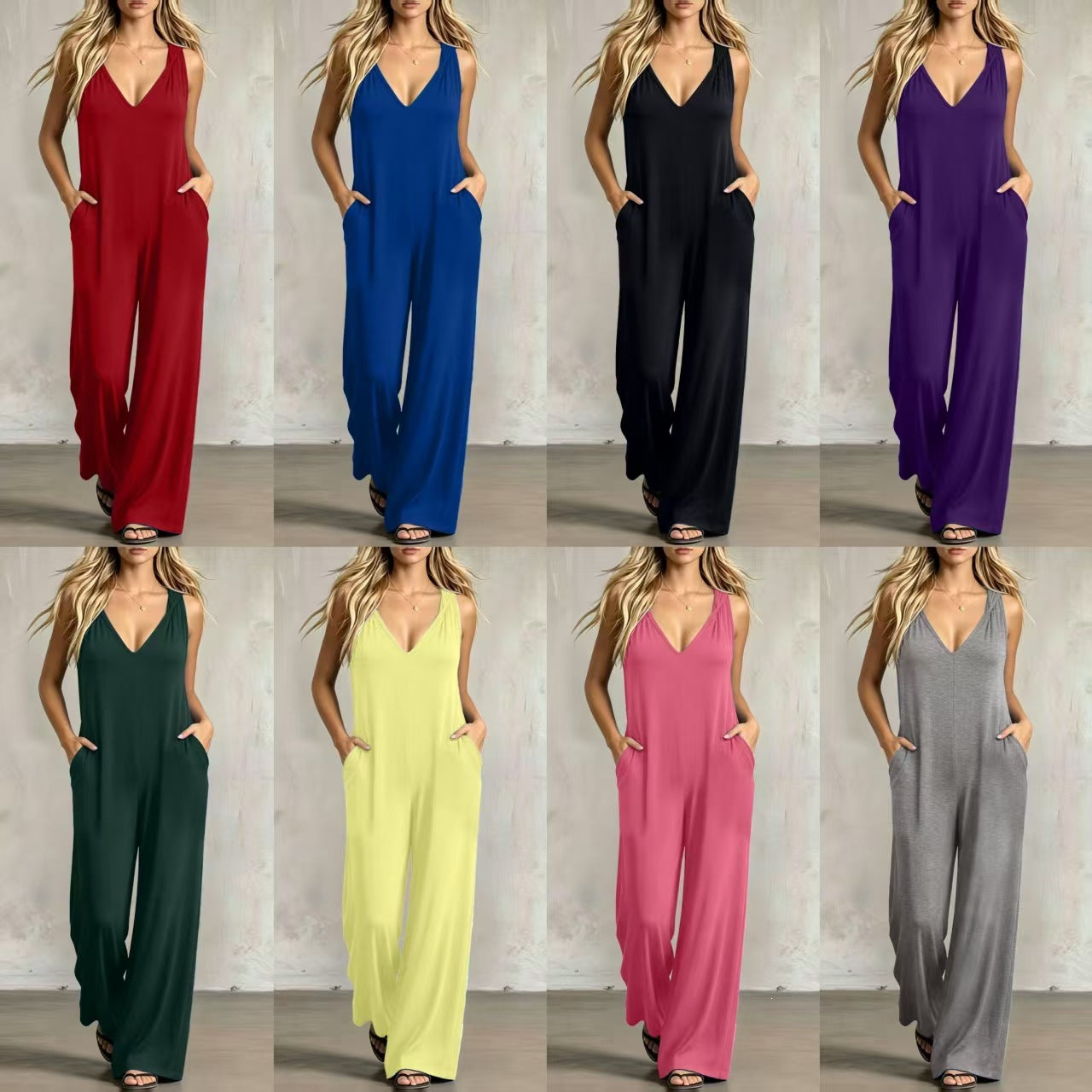 Simple V-neck Pocket Solid-color Hooded Jumpsuit