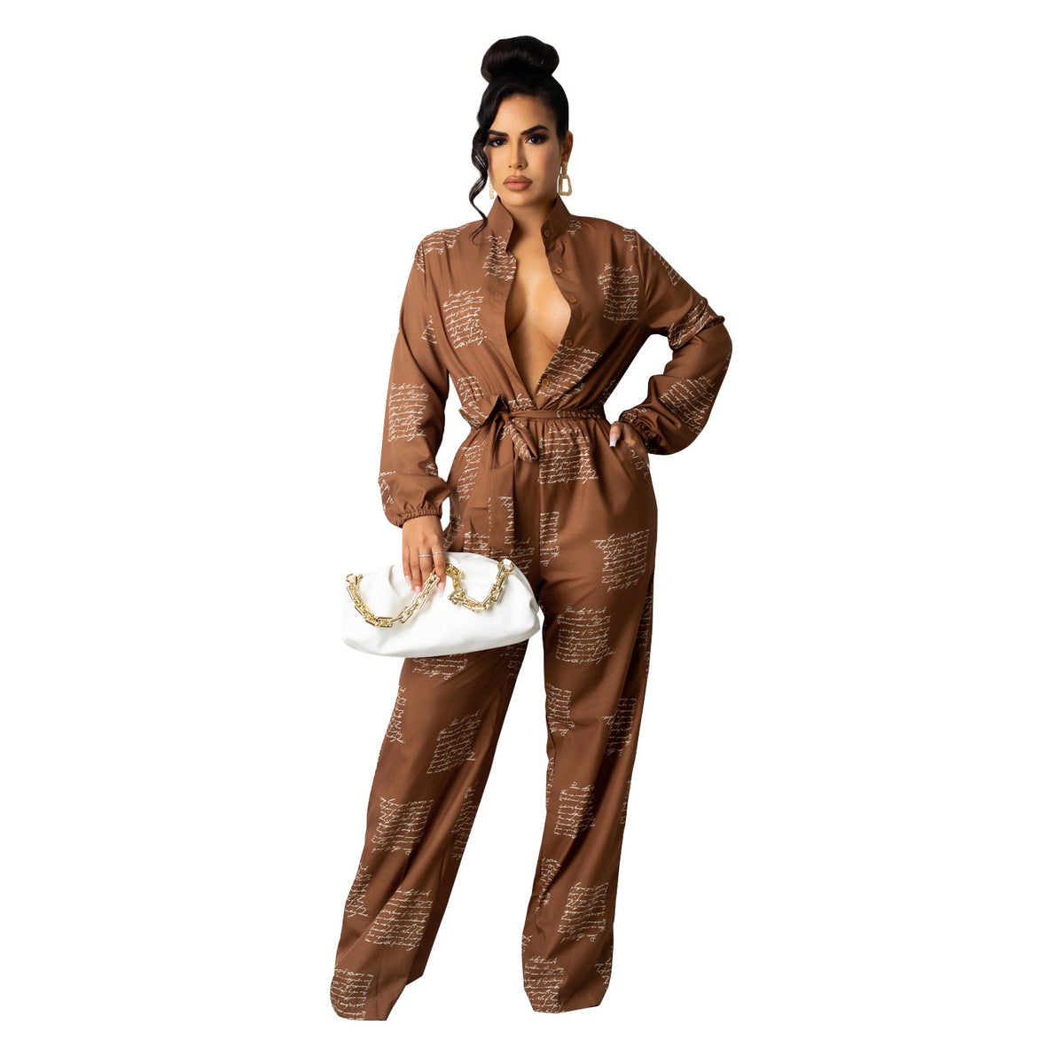 Women's Casual Long Sleeve Loose Shirt Jumpsuit