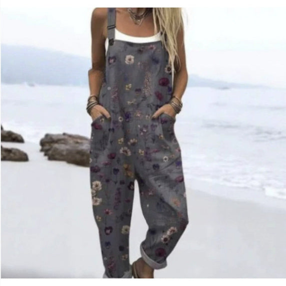 Women's Vintage Print Sleeveless Loose Casual Jumpsuit
